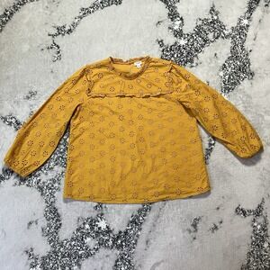 J Crew Shirt Womens Size M Ruffleneck Eyelet-yoke mustard‎ yellow bronzed ochre